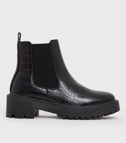 New Look Black Faux Croc Chunky Cleated Chelsea Boots